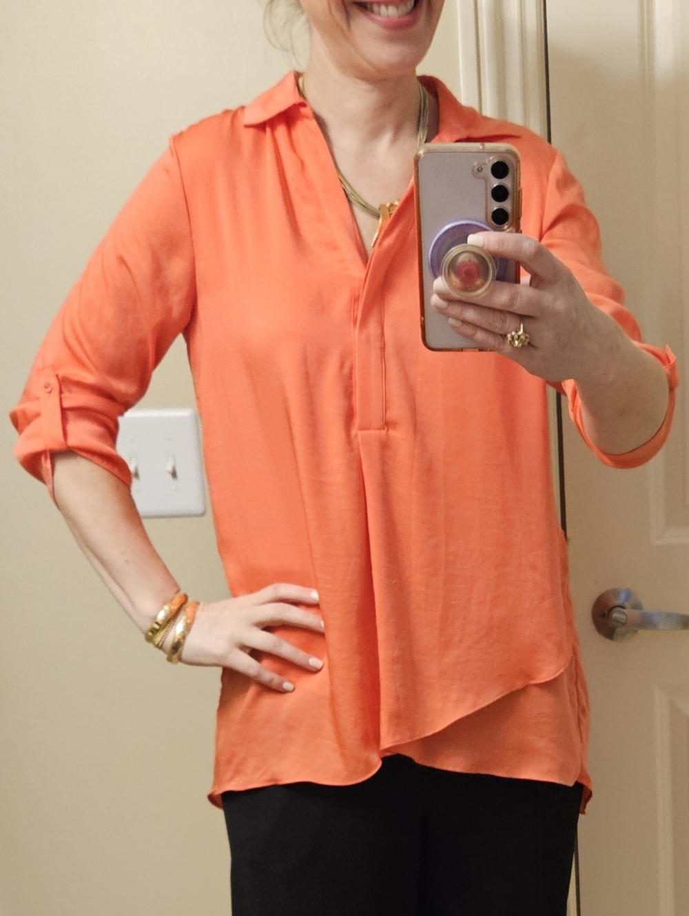 Renuar Airflow Blouse XS | Cocktail Orange Hi-Low Top Lightweight 3/4 Sleeve